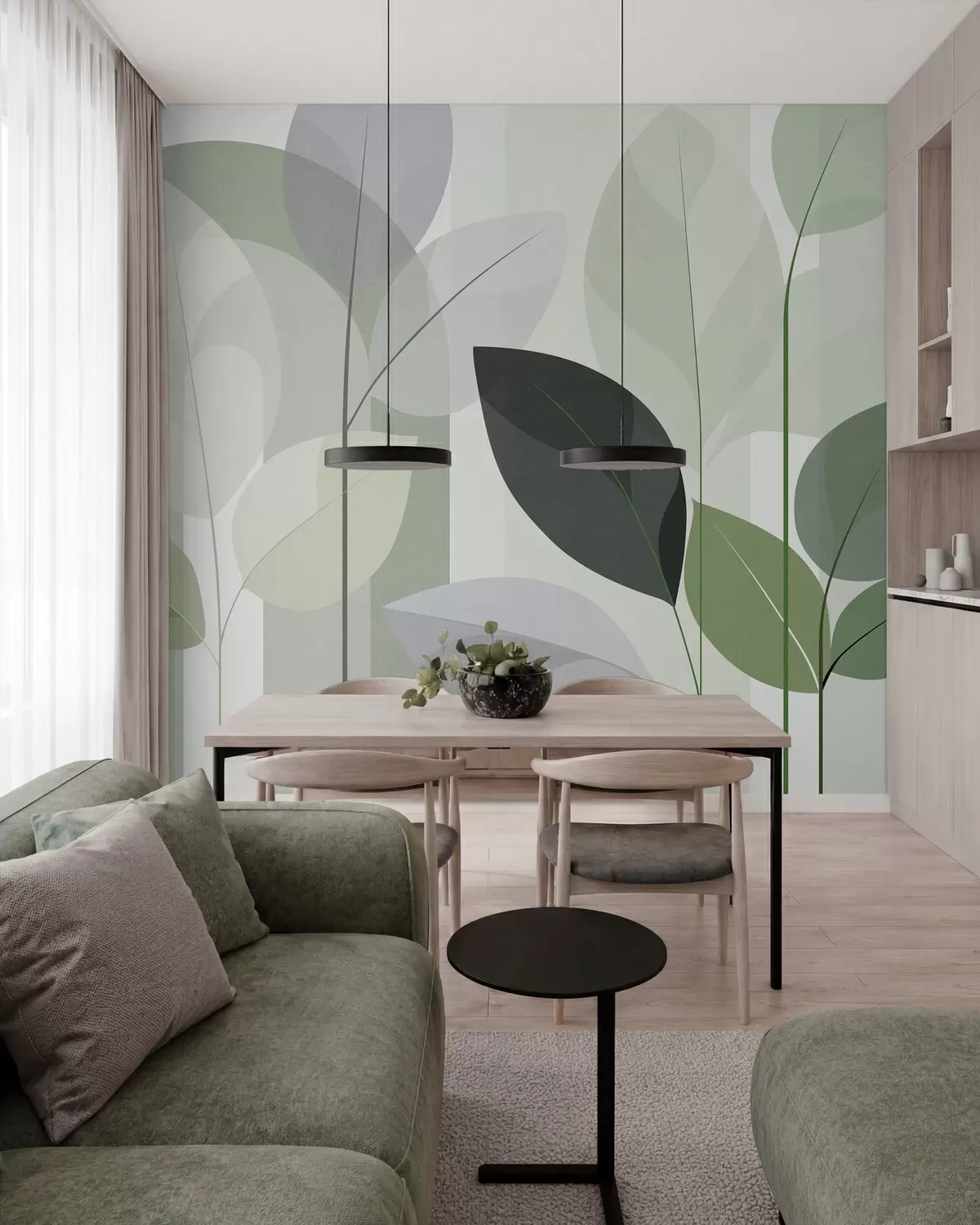 Fotobehang een abstract ontwerp met bladeren in een mat geweven stijl in verschillende tinten groen w05986v1
