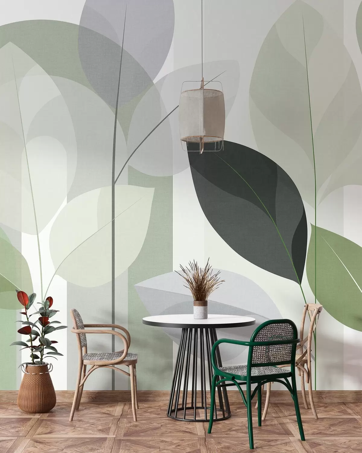 Fotobehang een abstract ontwerp met bladeren in een mat geweven stijl in verschillende tinten groen w05986v1