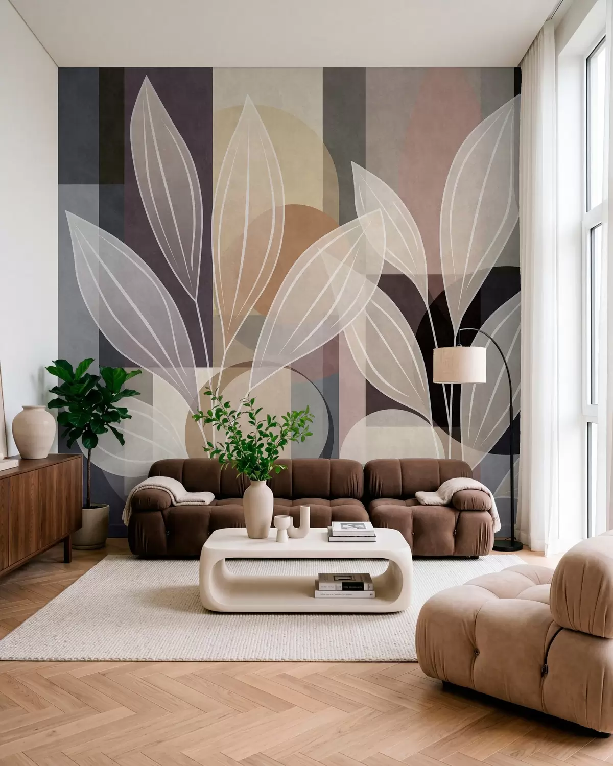 Fotobehang gestileerde bladeren tegen een geometrische achtergrond in beige tinten en donkere kleuren w05987