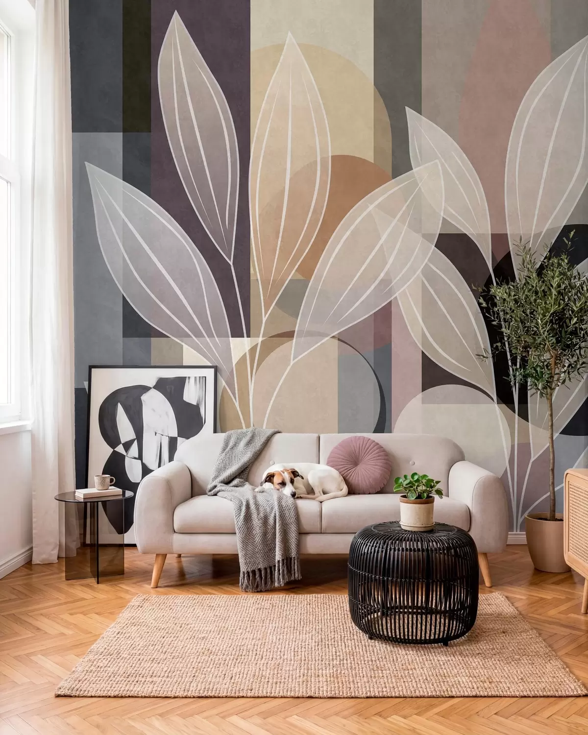 Fotobehang gestileerde bladeren tegen een geometrische achtergrond in beige tinten en donkere kleuren w05987