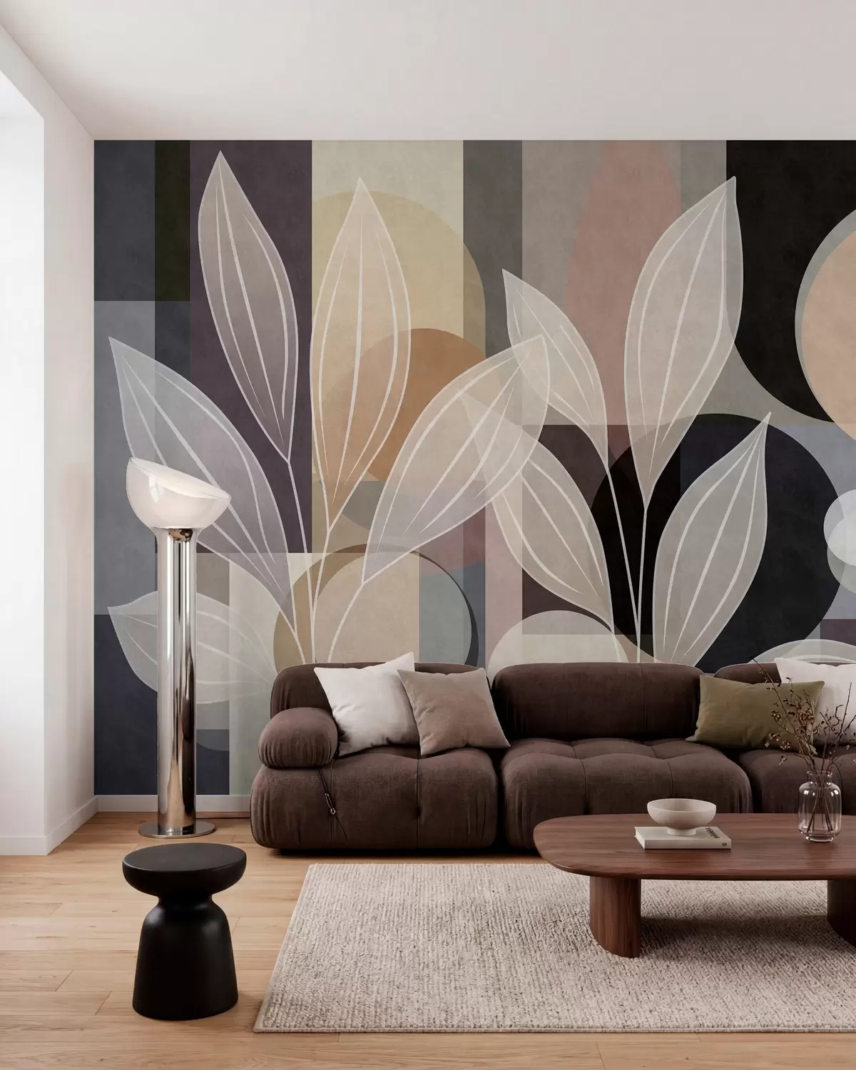 Fotobehang gestileerde bladeren tegen een geometrische achtergrond in beige tinten en donkere kleuren w05987