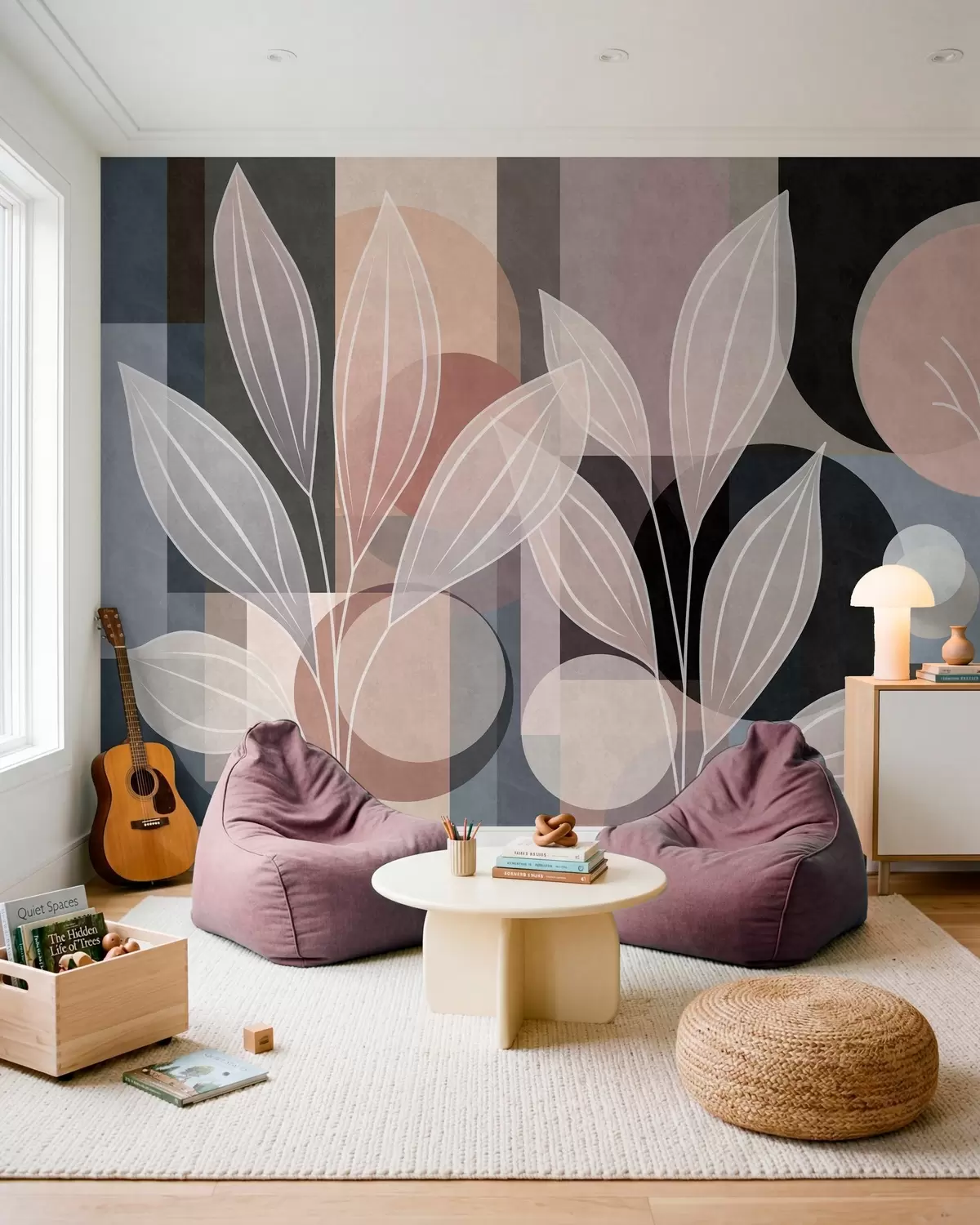 Fotobehang gestileerd bladwerk tegen een geometrische achtergrond in poederachtige en donkere tinten w05987v1