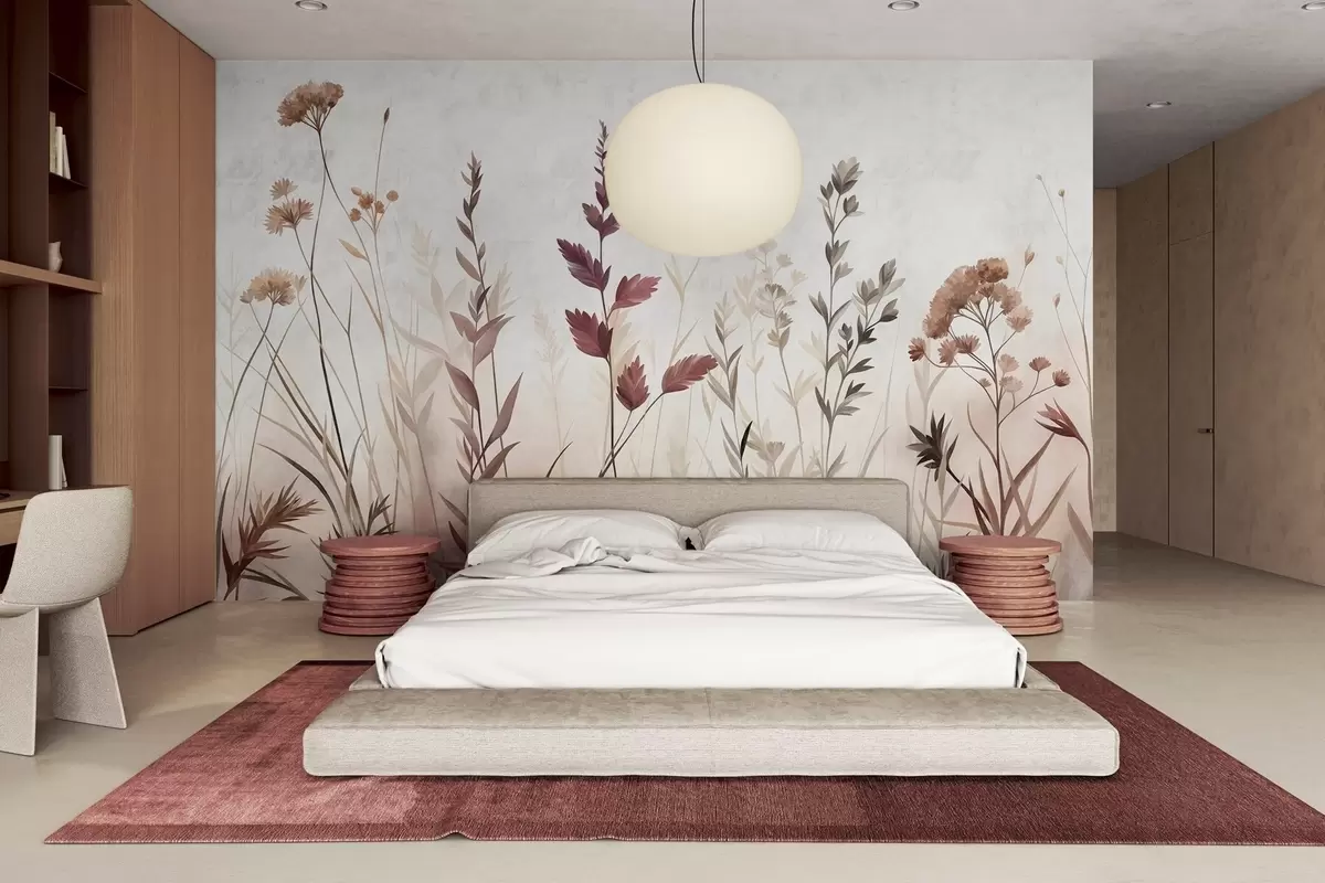 Fotobehang Hoge wilde grassen en wilde bloemen in ingetogen aardetinten, minimalistische stijl w10084