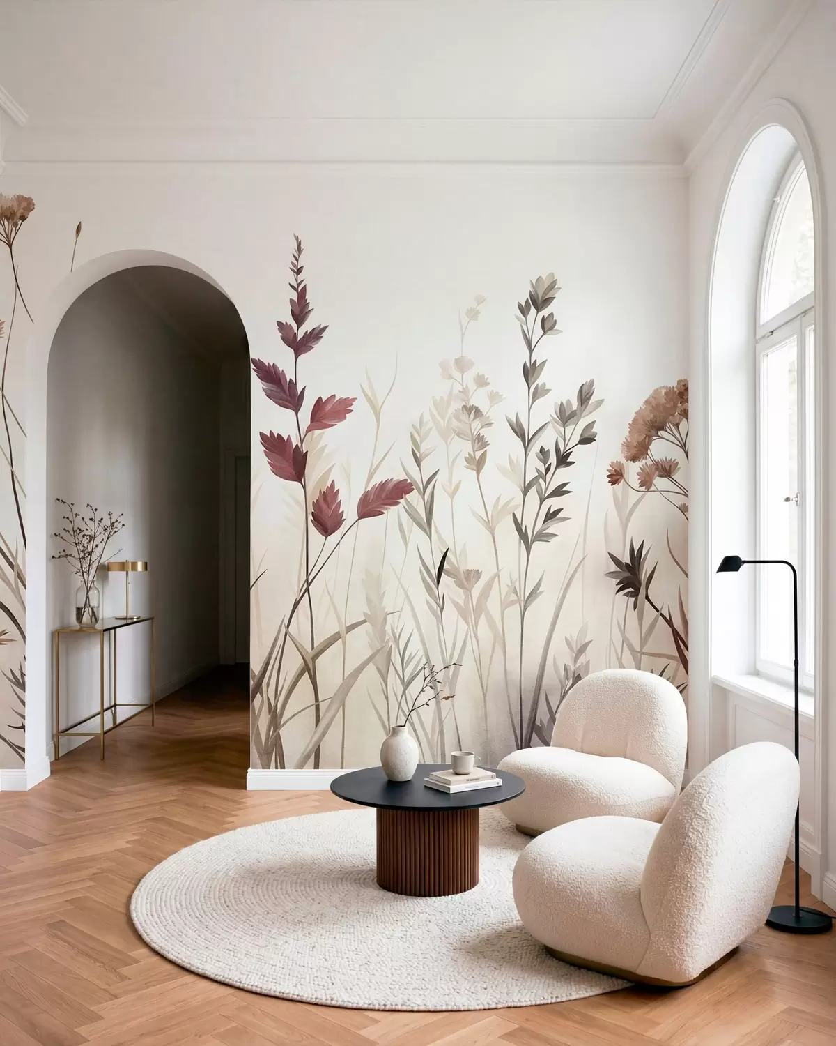 Fotobehang Hoge wilde grassen en wilde bloemen in ingetogen aardetinten, minimalistische stijl w10084