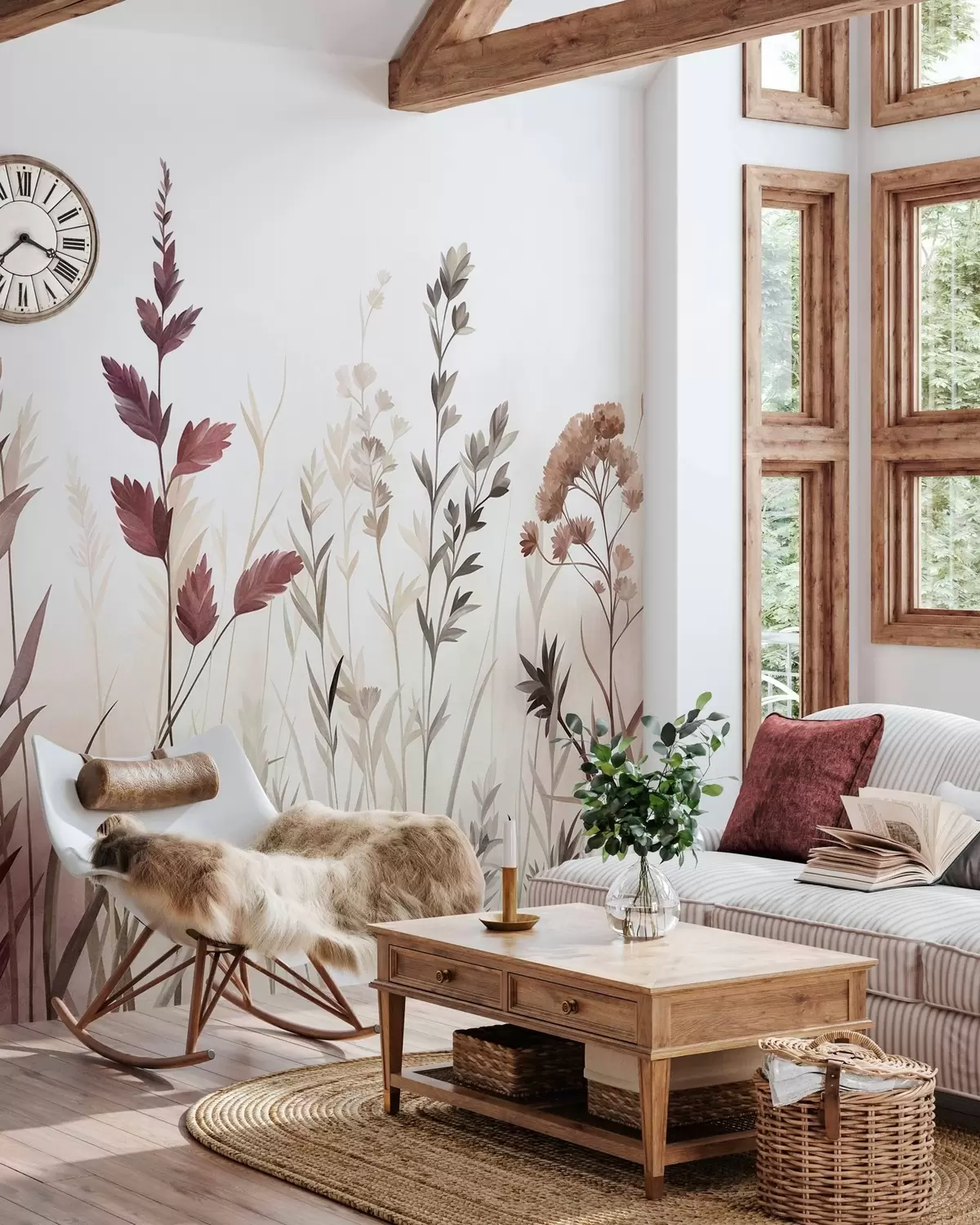 Fotobehang Hoge wilde grassen en wilde bloemen in ingetogen aardetinten, minimalistische stijl w10084