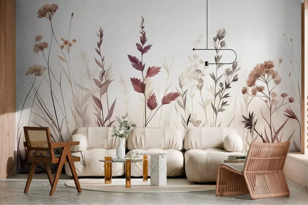 Fotobehang Hoge wilde grassen en wilde bloemen in ingetogen aardetinten, minimalistische stijl w10084
