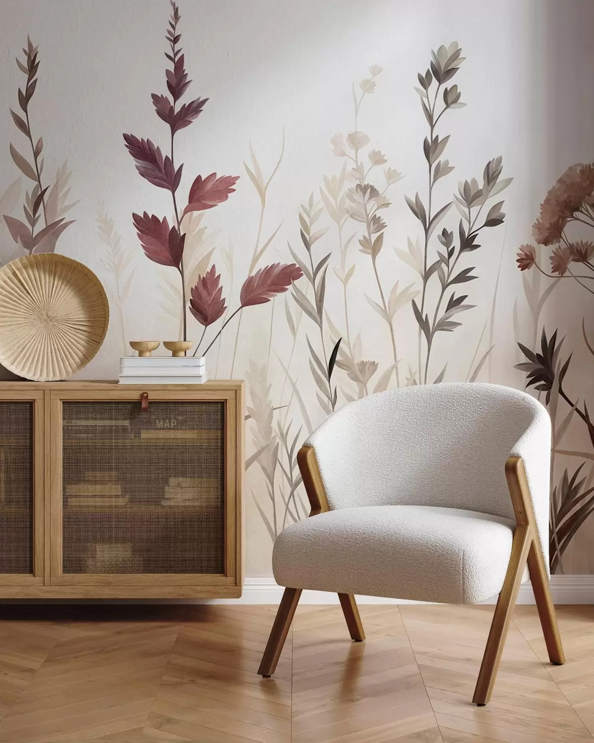 Fotobehang Hoge wilde grassen en wilde bloemen in ingetogen aardetinten, minimalistische stijl w10084
