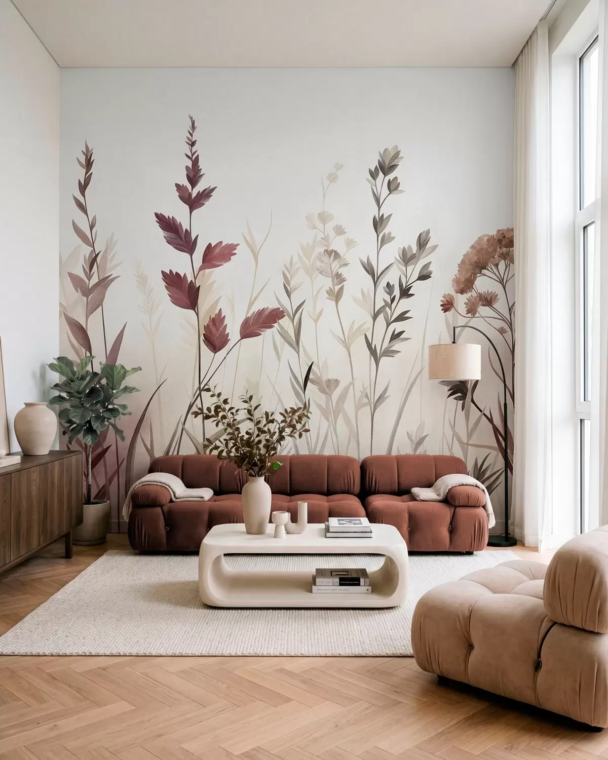 Fotobehang Hoge wilde grassen en wilde bloemen in ingetogen aardetinten, minimalistische stijl w10084