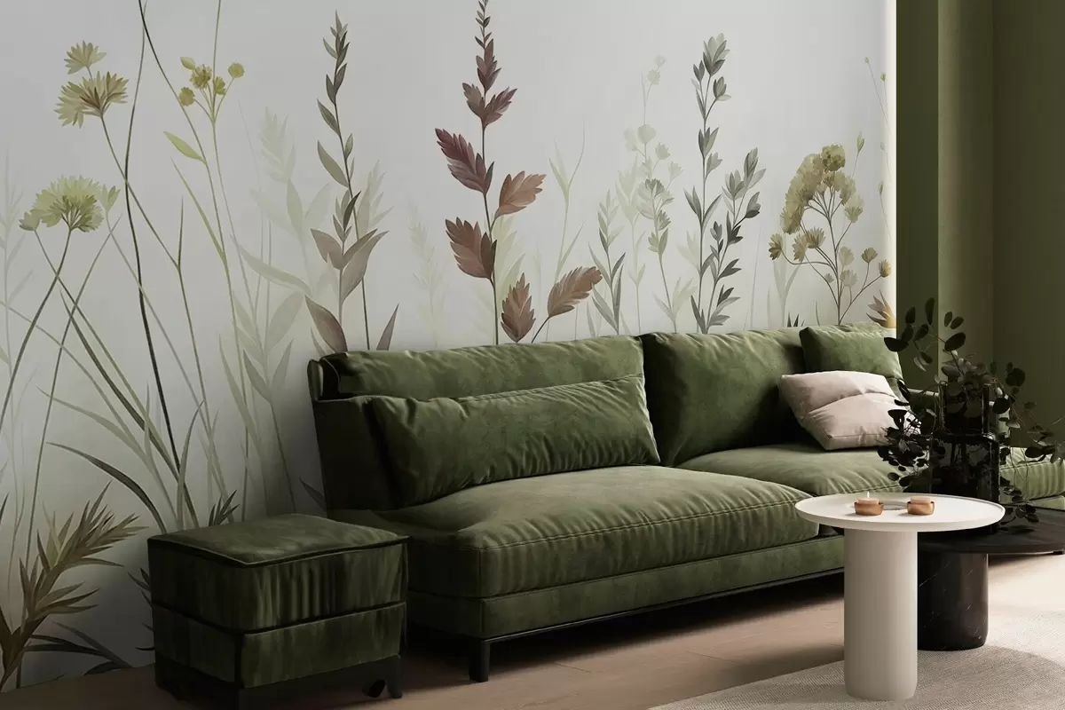 Fotobehang Hoge wilde grassen en wilde bloemen in gedempte groene tinten, minimalistische stijl w10084v1