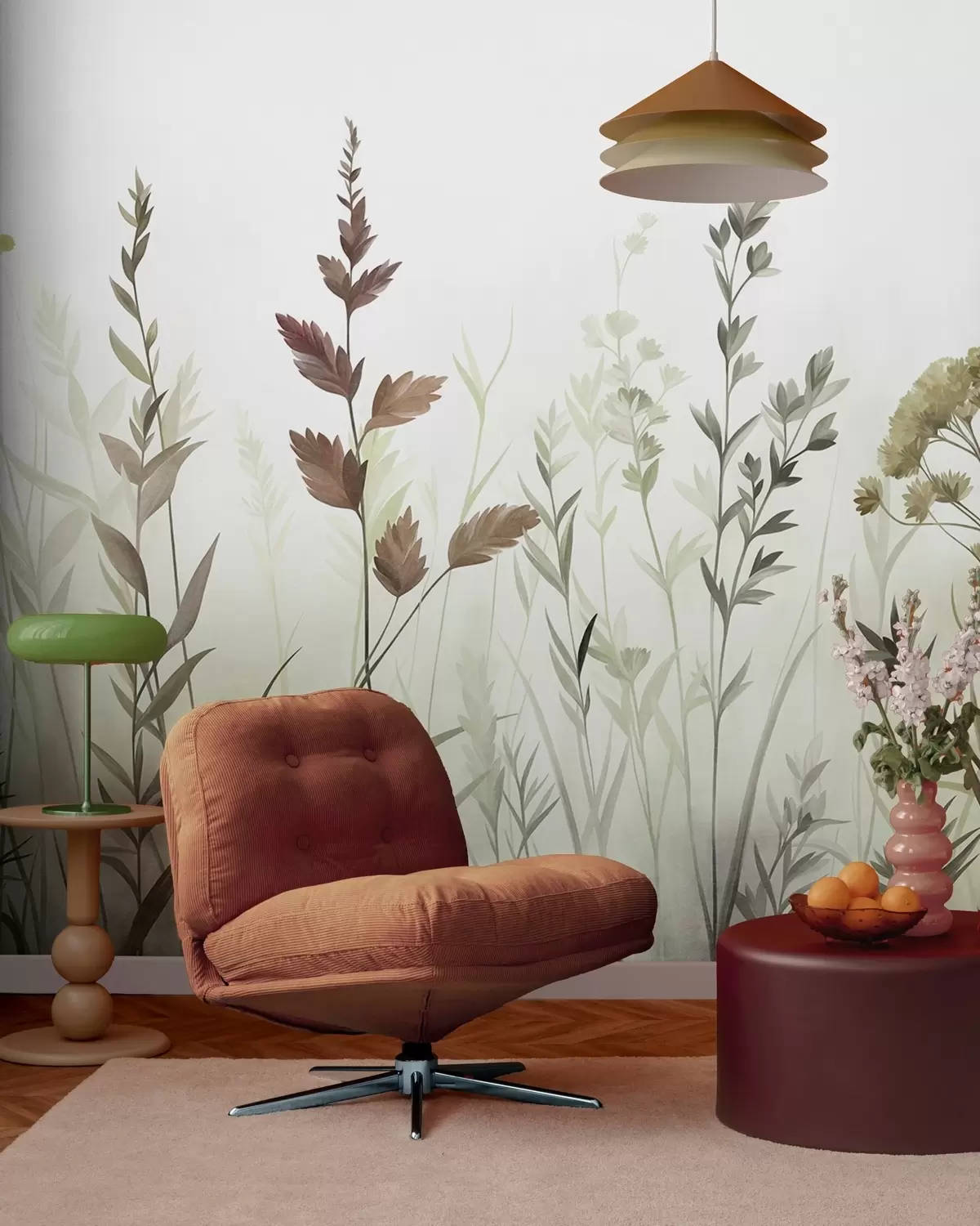 Fotobehang Hoge wilde grassen en wilde bloemen in gedempte groene tinten, minimalistische stijl w10084v1