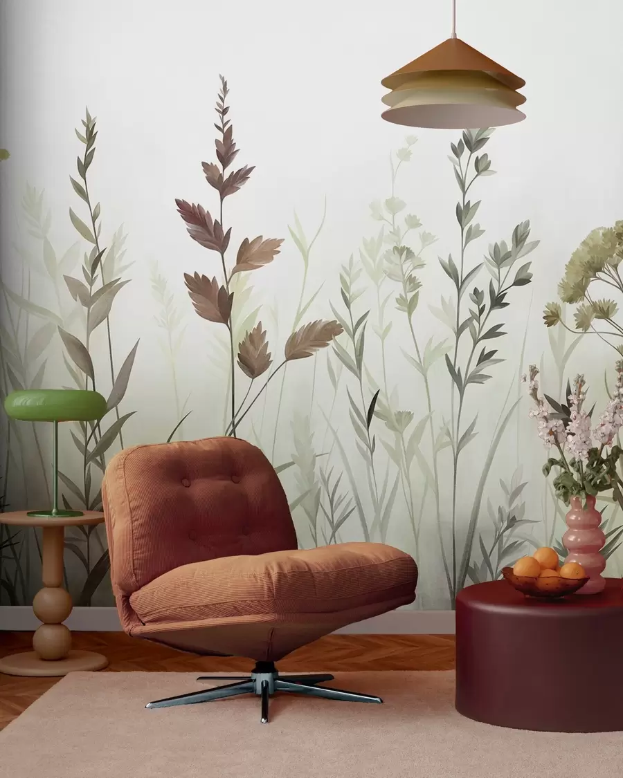 Fotobehang Hoge wilde grassen en wilde bloemen in gedempte groene tinten, minimalistische stijl w10084v1