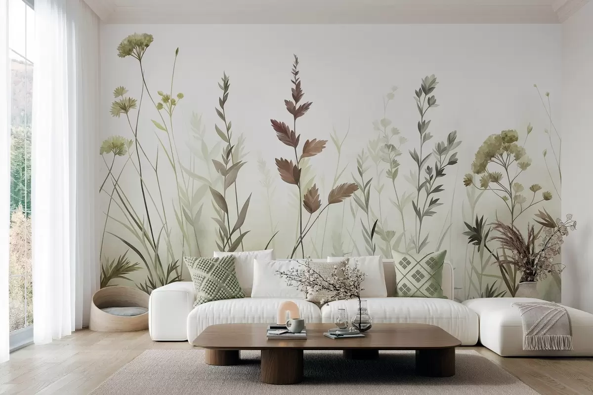 Fotobehang Hoge wilde grassen en wilde bloemen in gedempte groene tinten, minimalistische stijl w10084v1