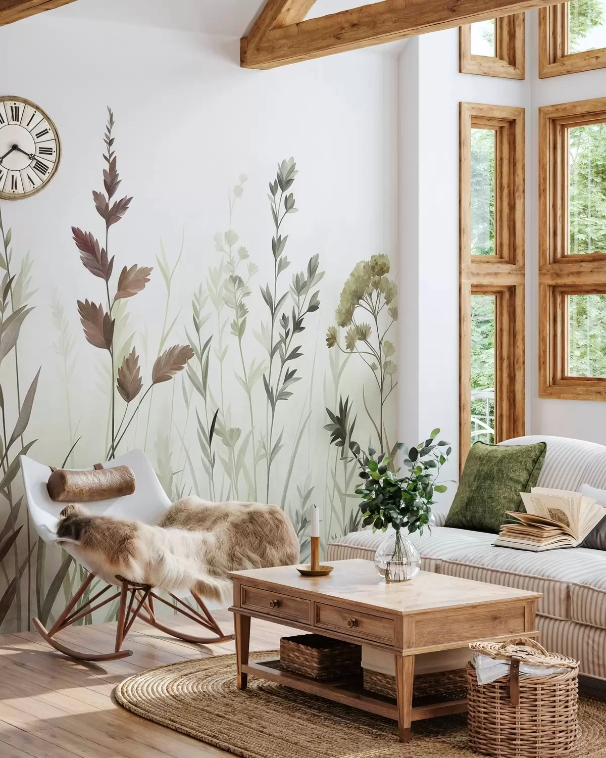 Fotobehang Hoge wilde grassen en wilde bloemen in gedempte groene tinten, minimalistische stijl w10084v1
