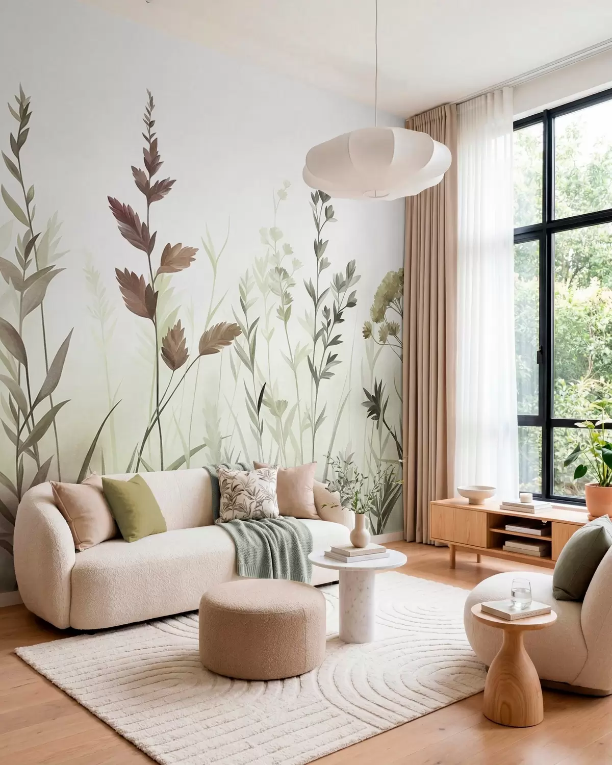 Fotobehang Hoge wilde grassen en wilde bloemen in gedempte groene tinten, minimalistische stijl w10084v1