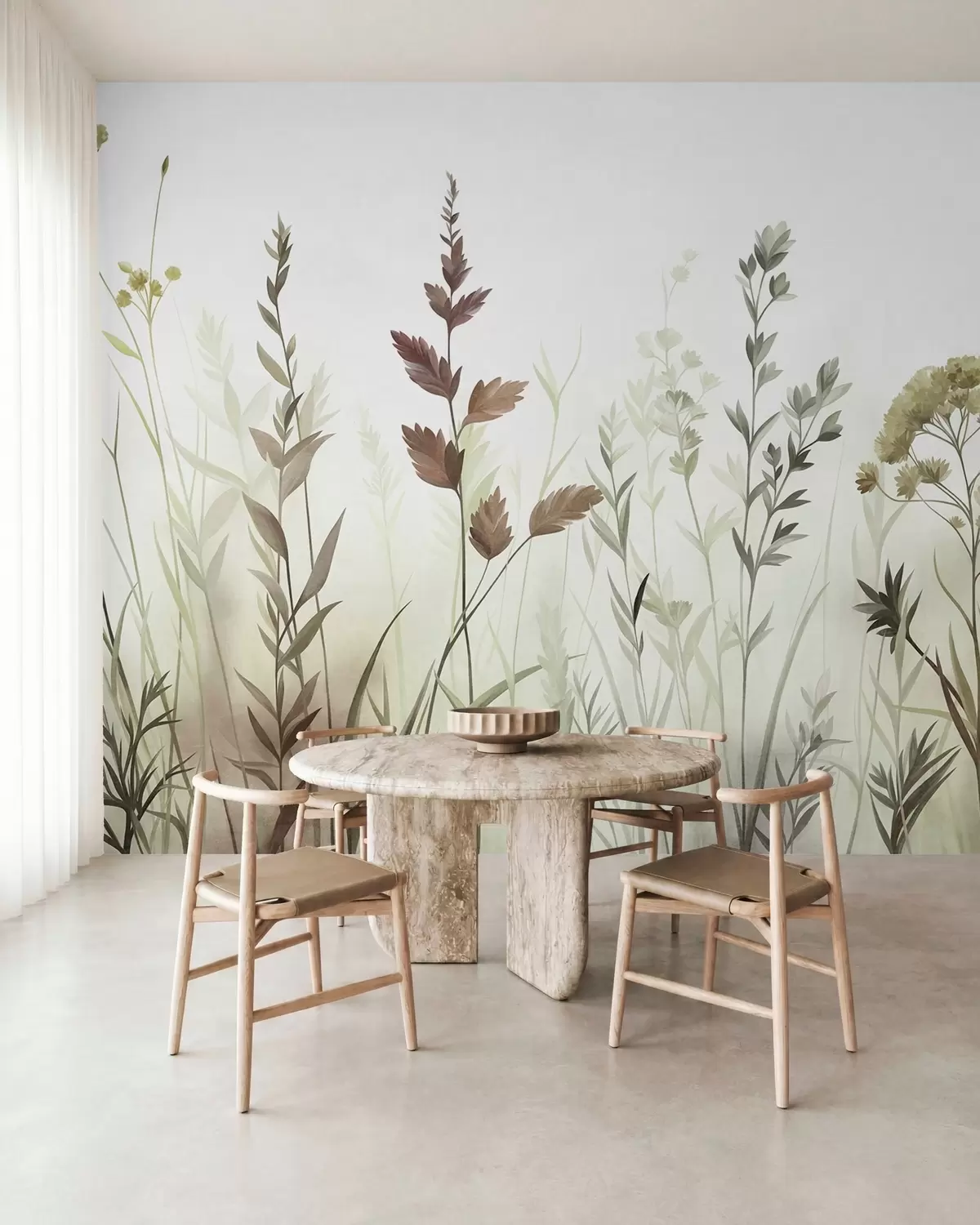 Fotobehang Hoge wilde grassen en wilde bloemen in gedempte groene tinten, minimalistische stijl w10084v1