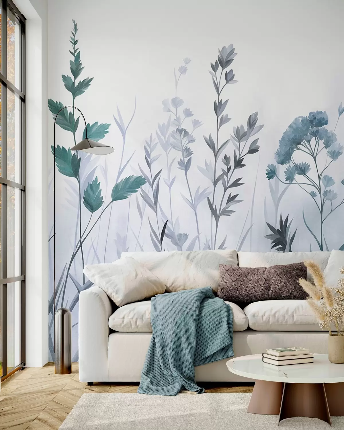 Fotobehang Hoge wilde grassen en wilde bloemen in gedempte blauwtinten, minimalistische stijl w10084v2