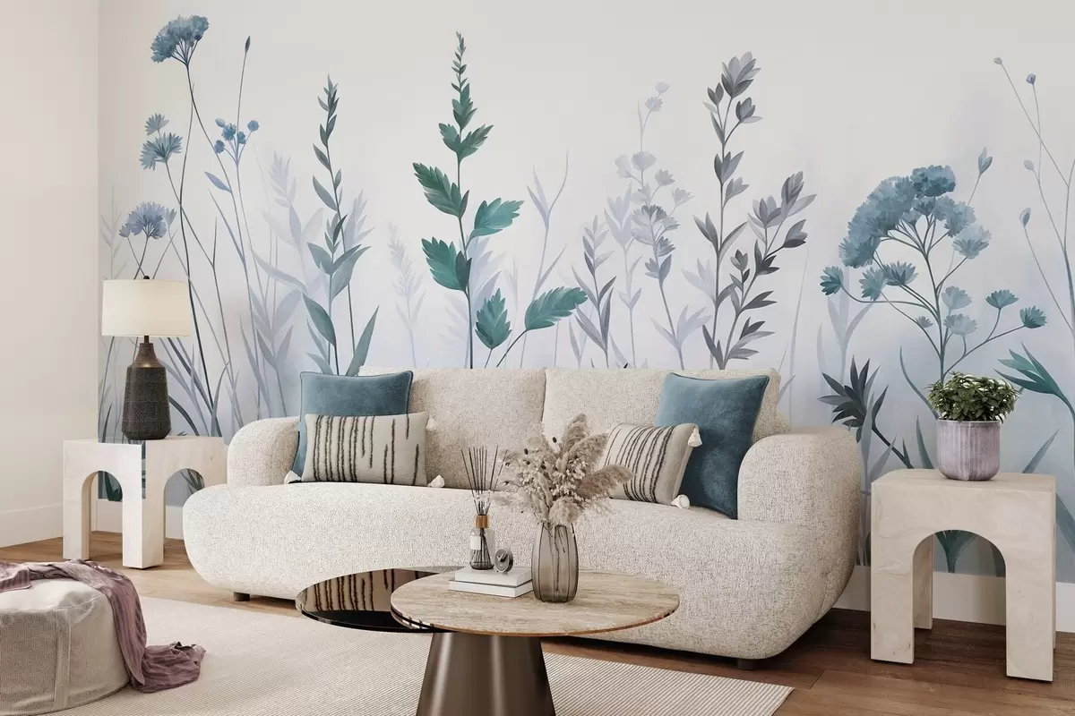Fotobehang Hoge wilde grassen en wilde bloemen in gedempte blauwtinten, minimalistische stijl w10084v2