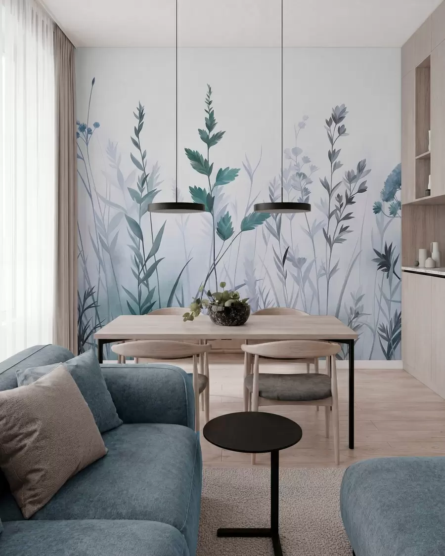 Fotobehang Hoge wilde grassen en wilde bloemen in gedempte blauwtinten, minimalistische stijl w10084v2