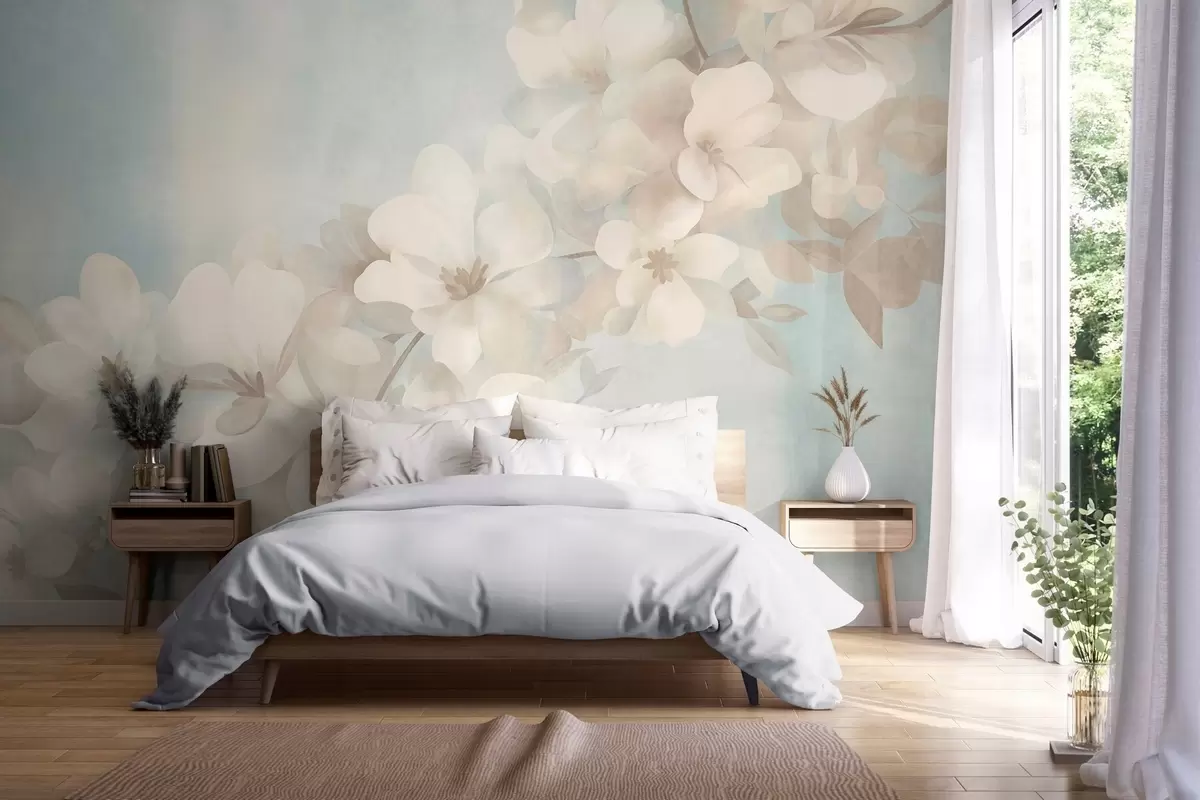 Fotobehang Witte bloemen aan een tak, zachte pastelkleuren, lichtblauwe achtergrond met textuur w10107