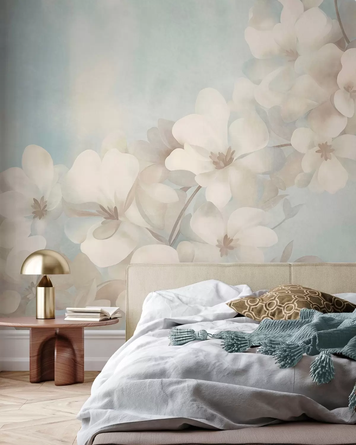 Fotobehang Witte bloemen aan een tak, zachte pastelkleuren, lichtblauwe achtergrond met textuur w10107