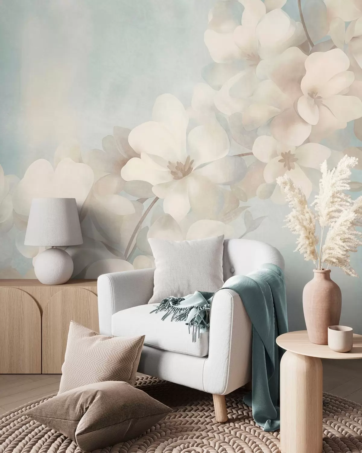 Fotobehang Witte bloemen aan een tak, zachte pastelkleuren, lichtblauwe achtergrond met textuur w10107