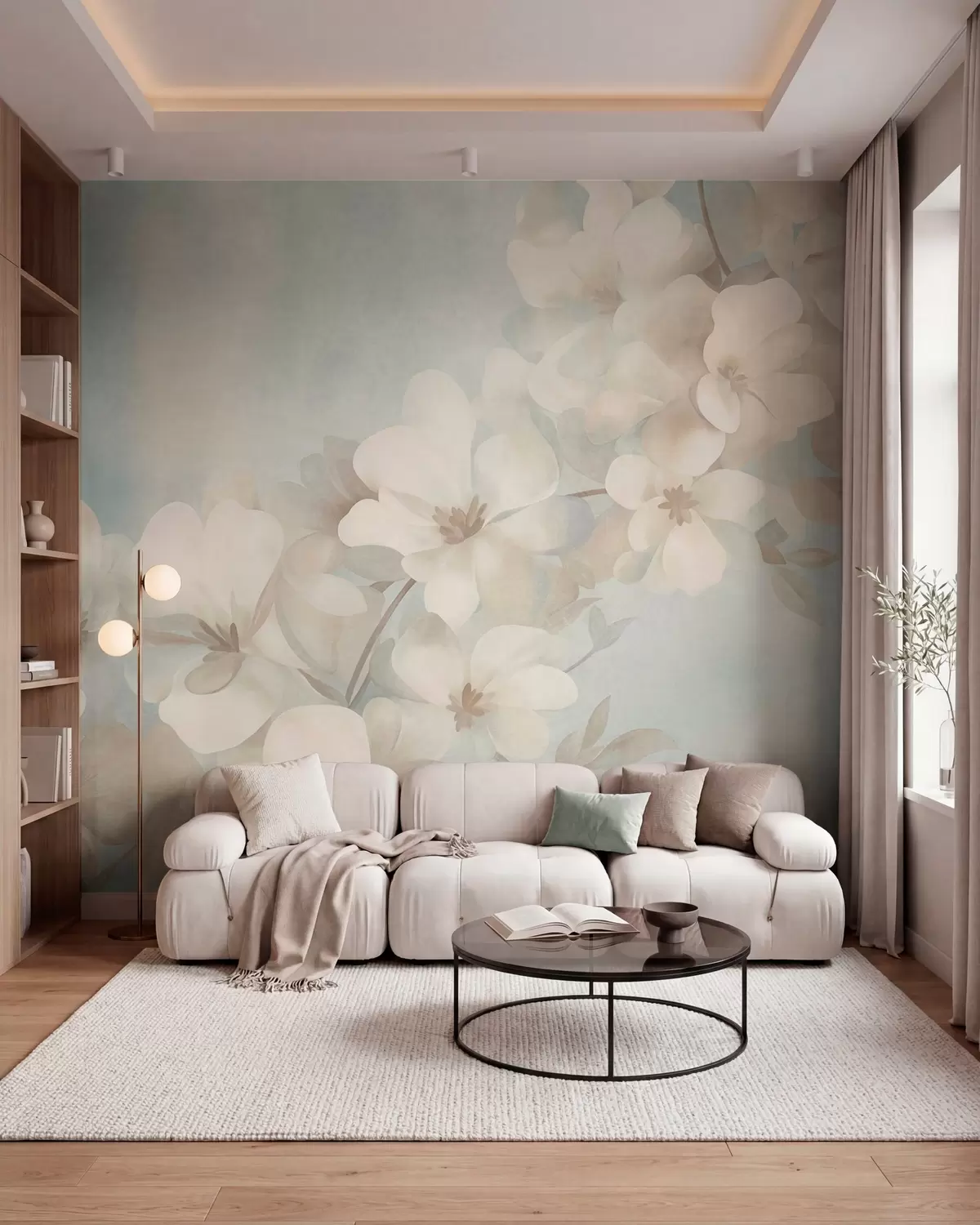 Fotobehang Witte bloemen aan een tak, zachte pastelkleuren, lichtblauwe achtergrond met textuur w10107