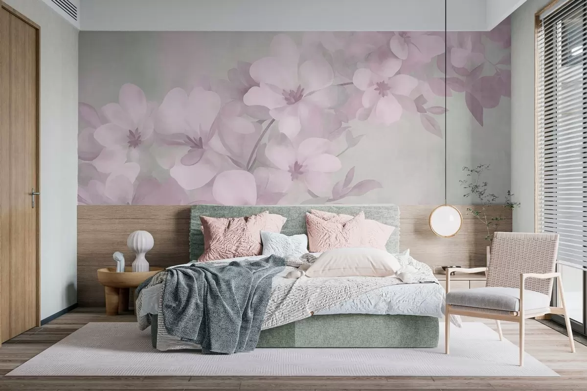 Fotobehang Witte bloemen aan een tak, zachte pastelkleuren, een lichtgroene achtergrond met textuur w10107v1