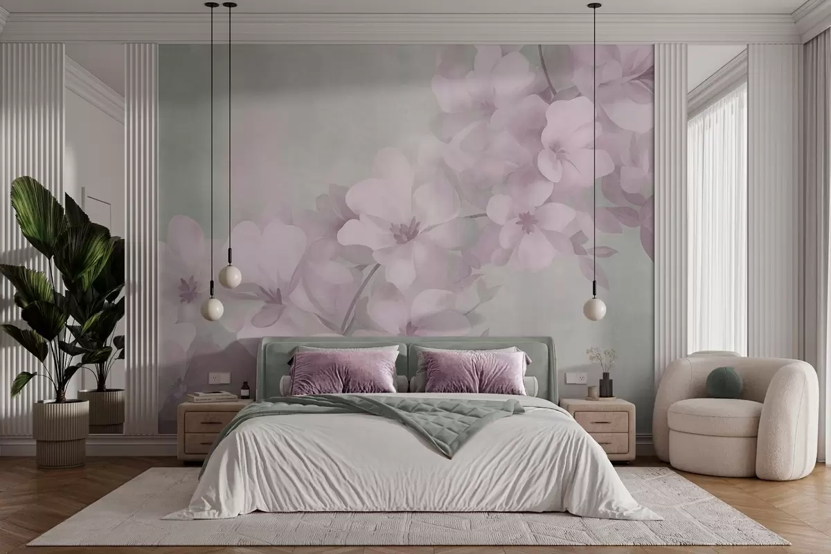 Fotobehang Witte bloemen aan een tak, zachte pastelkleuren, een lichtgroene achtergrond met textuur w10107v1