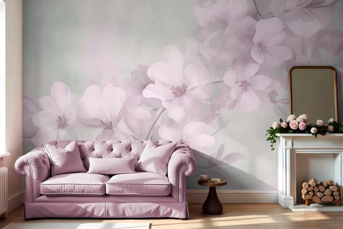 Fotobehang Witte bloemen aan een tak, zachte pastelkleuren, een lichtgroene achtergrond met textuur w10107v1