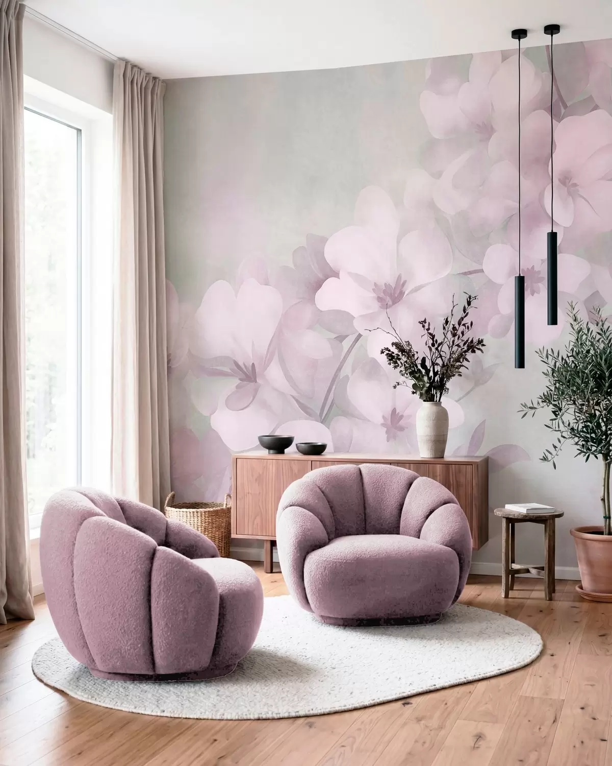 Fotobehang Witte bloemen aan een tak, zachte pastelkleuren, een lichtgroene achtergrond met textuur w10107v1