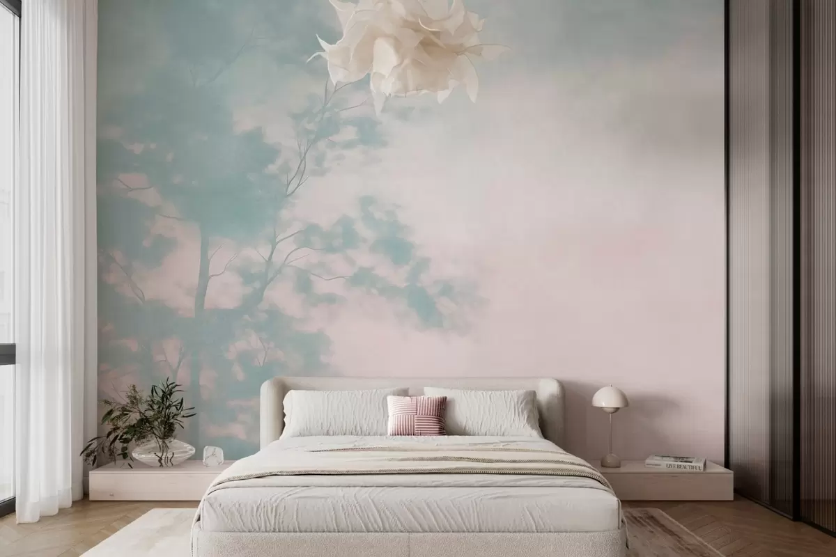 Fotobehang Boom met textuur en takken, lichtroze en turquoise achtergrond, minimalistische kunst w10108v1