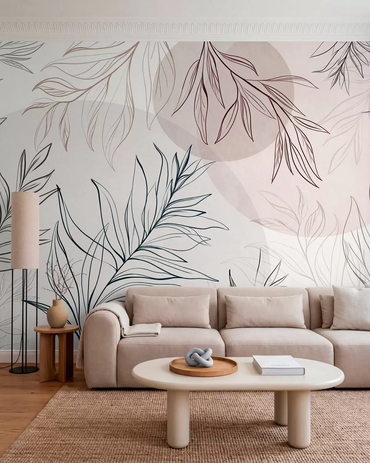 Fotobehang Minimalistische lijntekeningen van tropische bladeren en gebladerte, cirkelvormige figuren in pastelkleuren w10111