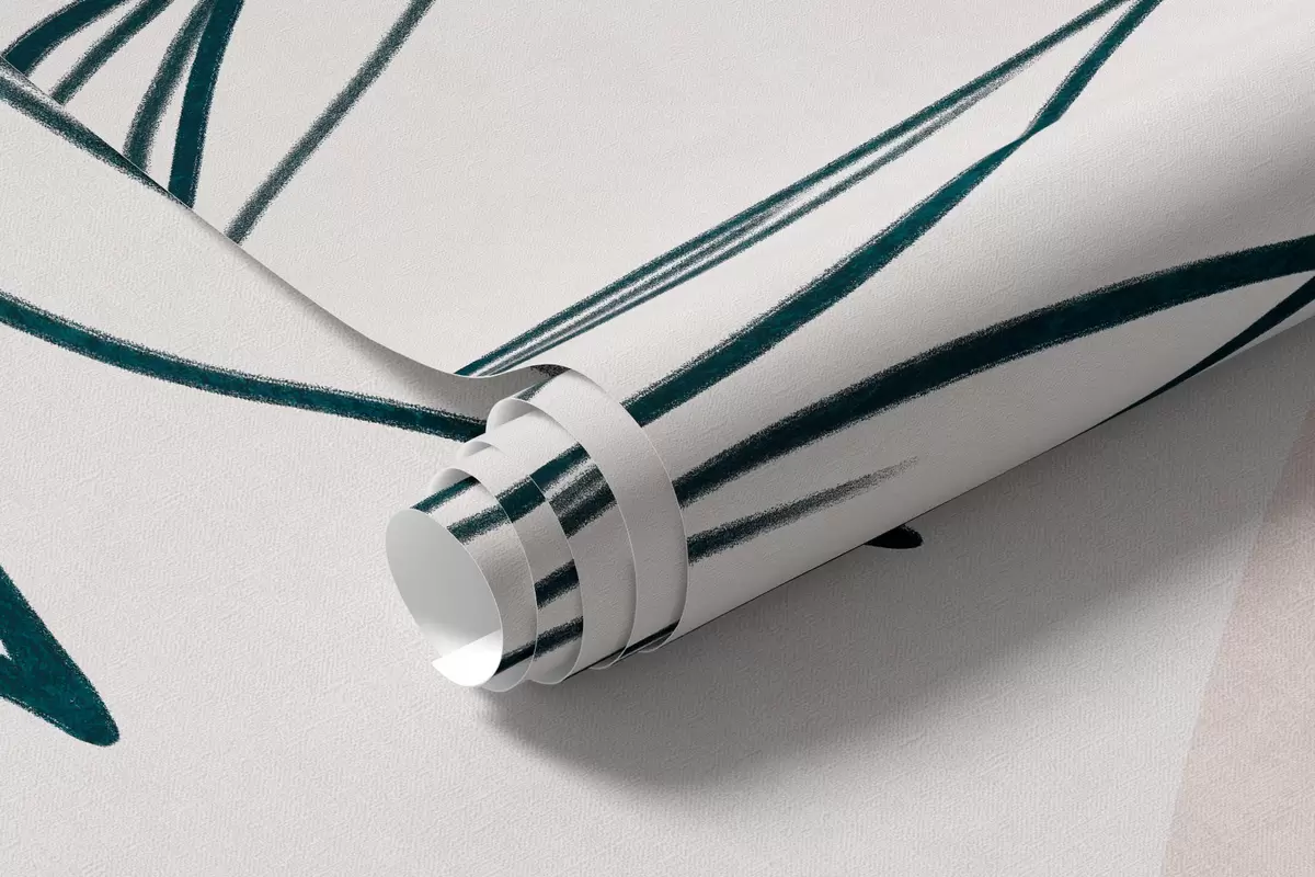 Fotobehang Minimalistische lijntekeningen van tropische bladeren en gebladerte, cirkelvormige figuren in pastelkleuren w10111