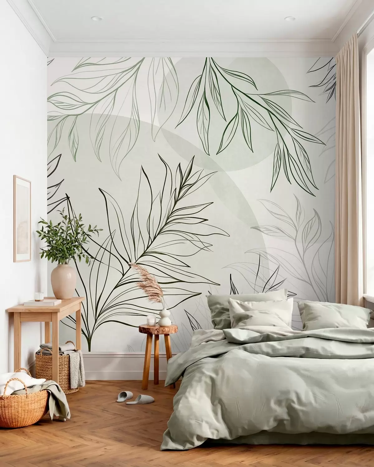 Fotobehang Minimalistische lijntekeningen van tropische bladeren en gebladerte, cirkelvormige figuren in pastelkleuren w10111v2