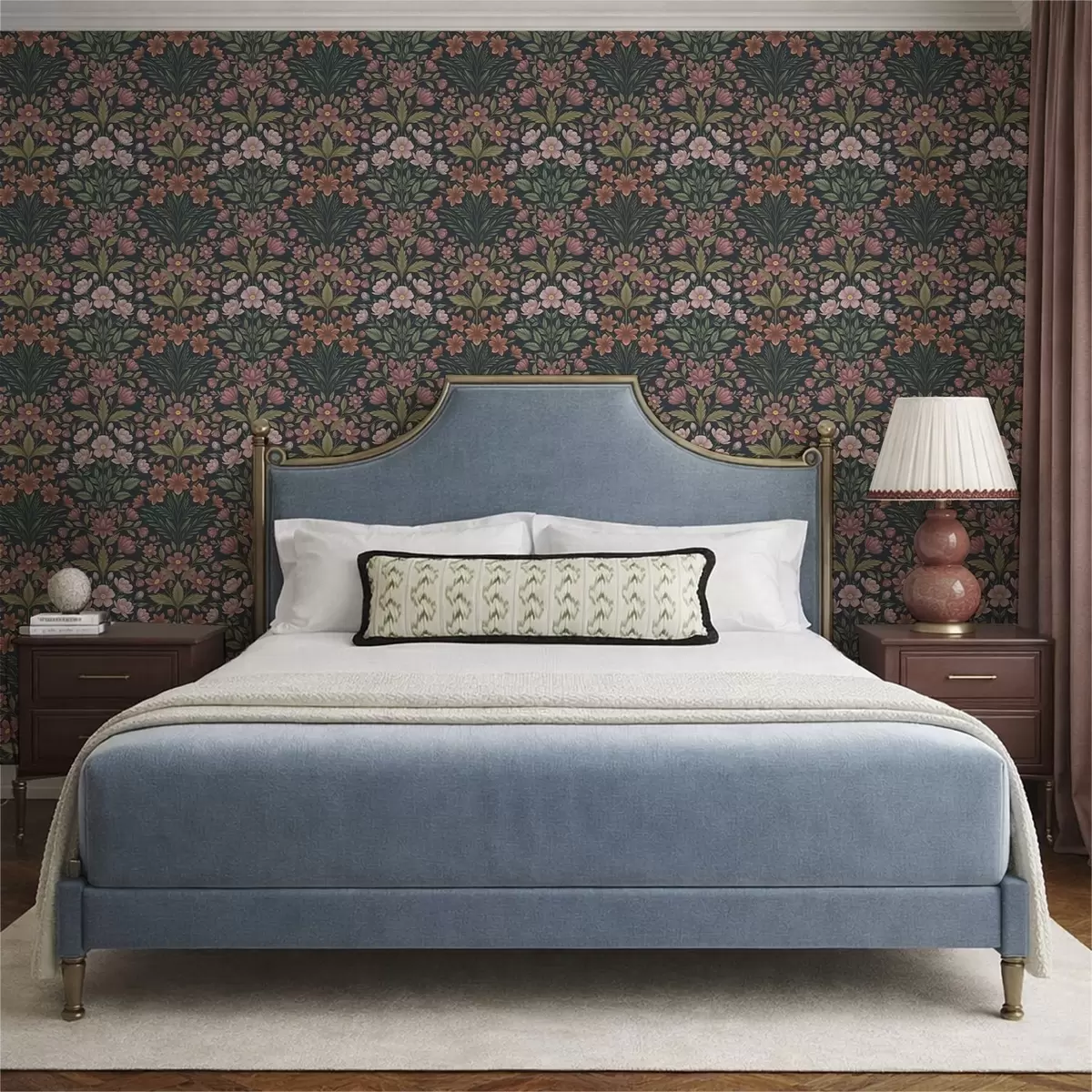 Behang Roze en terracottakleurige bloemen op een donkerblauwe achtergrond a01279
