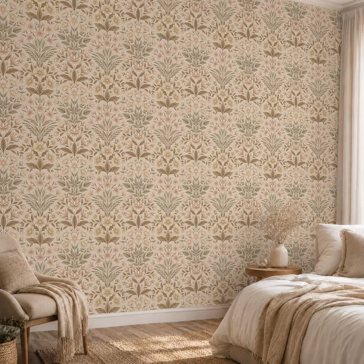 Behang Perzikbloesems en olijfgroene bladeren op een beige achtergrond a01279v1