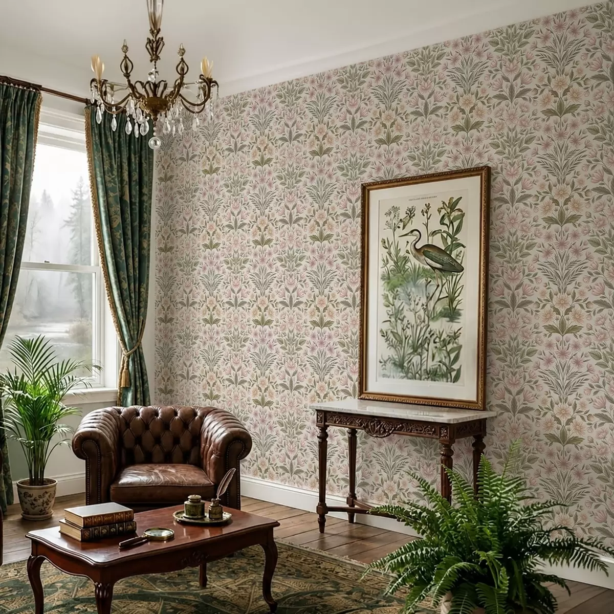Behang Zachtroze bloemen en olijfgroene bladeren op een lichte achtergrond a01279v2