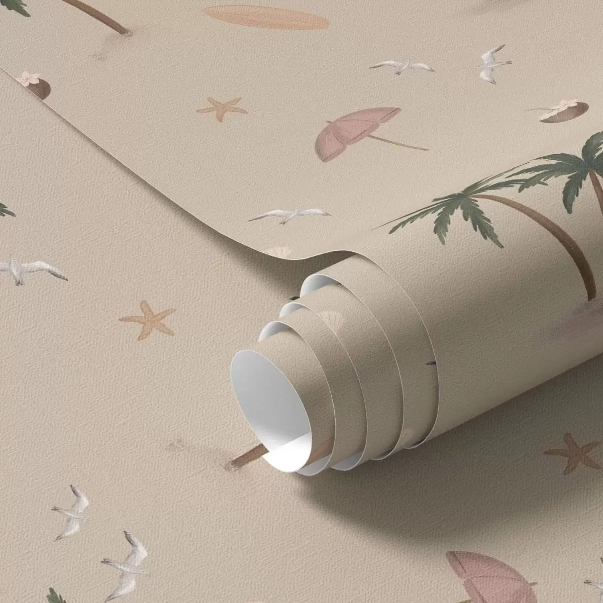 Behang Tropische palmen, vogels en roze parasols tegen een beige achtergrond a01280v2