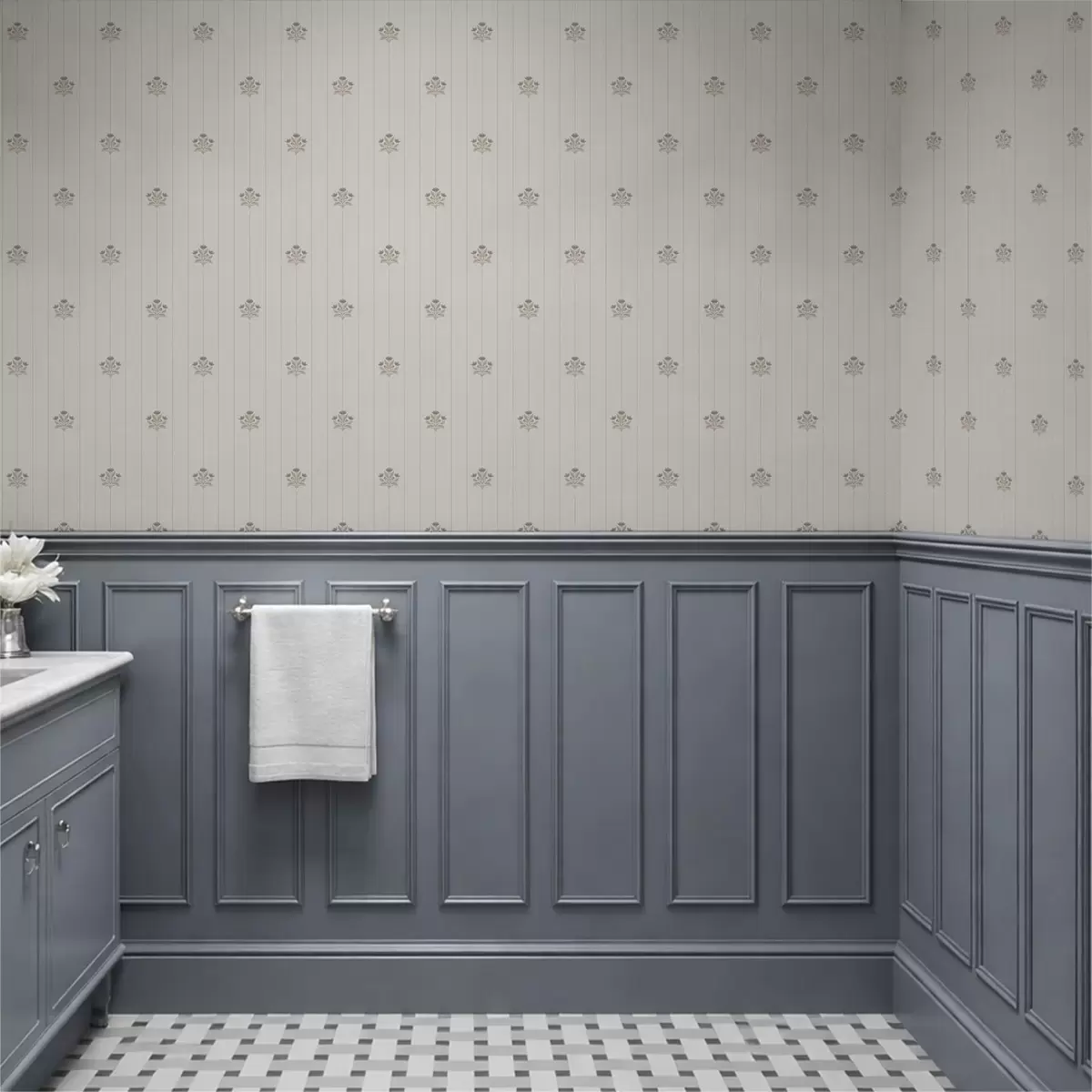 Behang Verfijnde bloemmotieven en verticale strepen a01282
