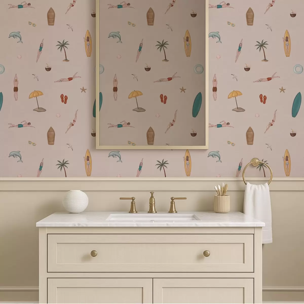 Behang Zwemmers, een dolfijn, een palmboom en een surfplank op een beige achtergrond a01275