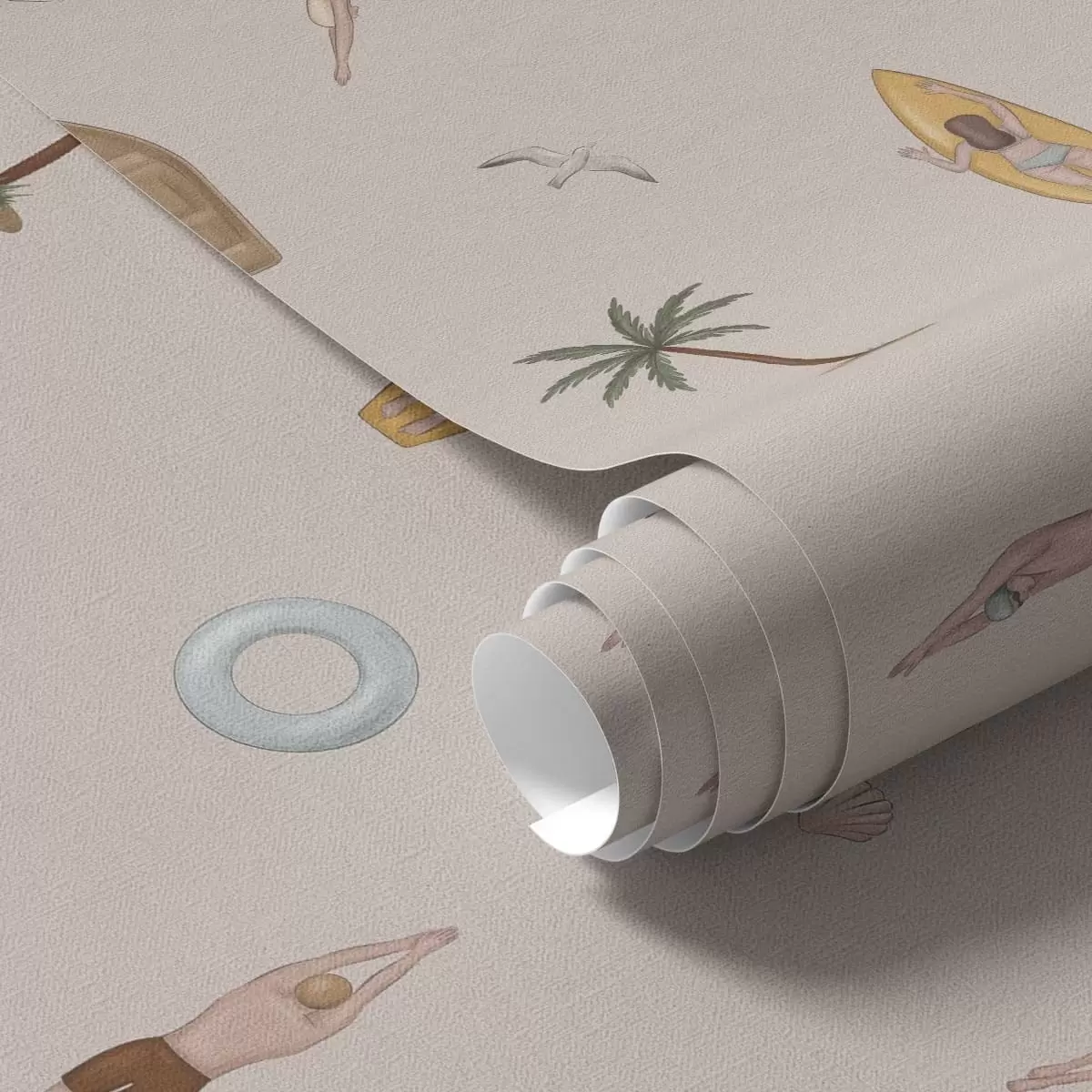 Behang Zwemmers, een dolfijn, een palmboom en een surfplank op een beige achtergrond a01275