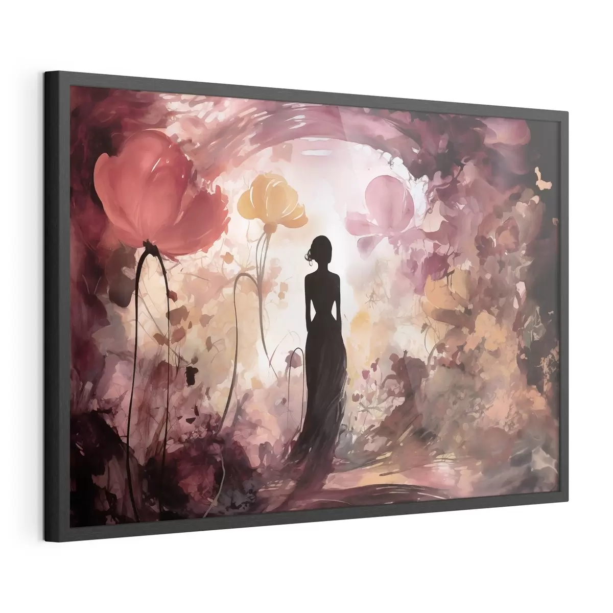 Poster Silhouet van een vrouw in een sprookjesachtige, bloeiende tuin f51081