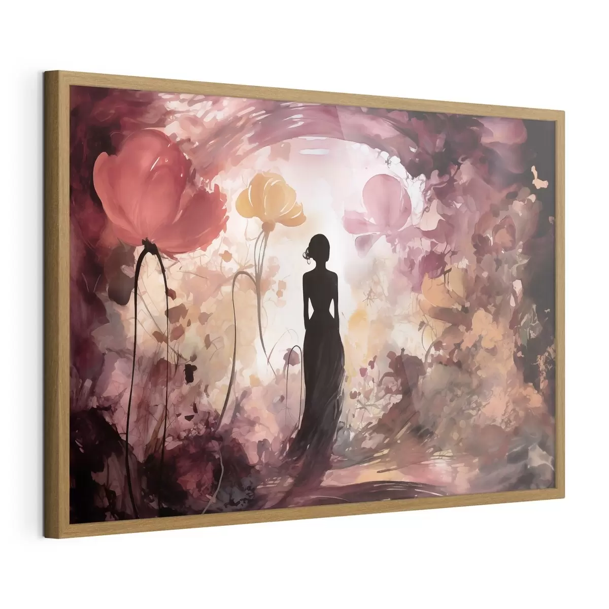 Poster Silhouet van een vrouw in een sprookjesachtige, bloeiende tuin f51081