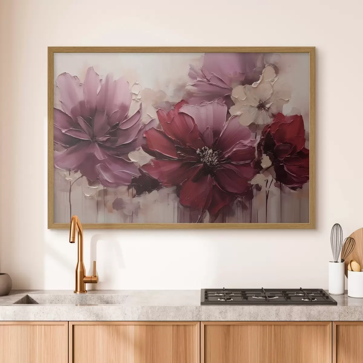 Poster Weelderige bordeauxrode en poederkleurige dahlia’s f51086