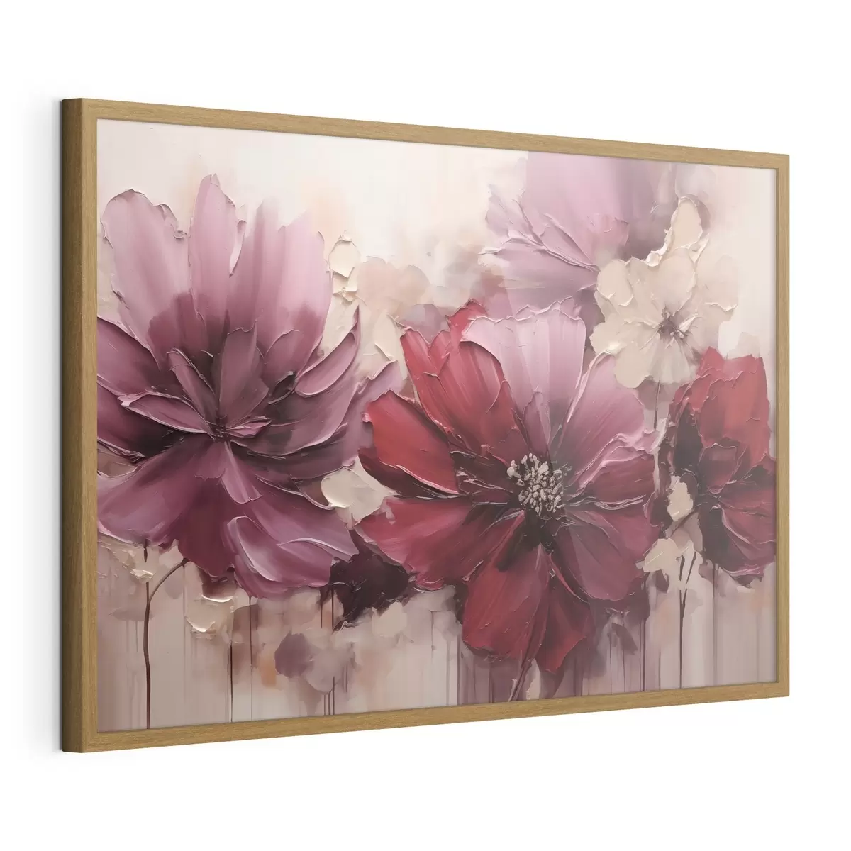 Poster Weelderige bordeauxrode en poederkleurige dahlia’s f51086