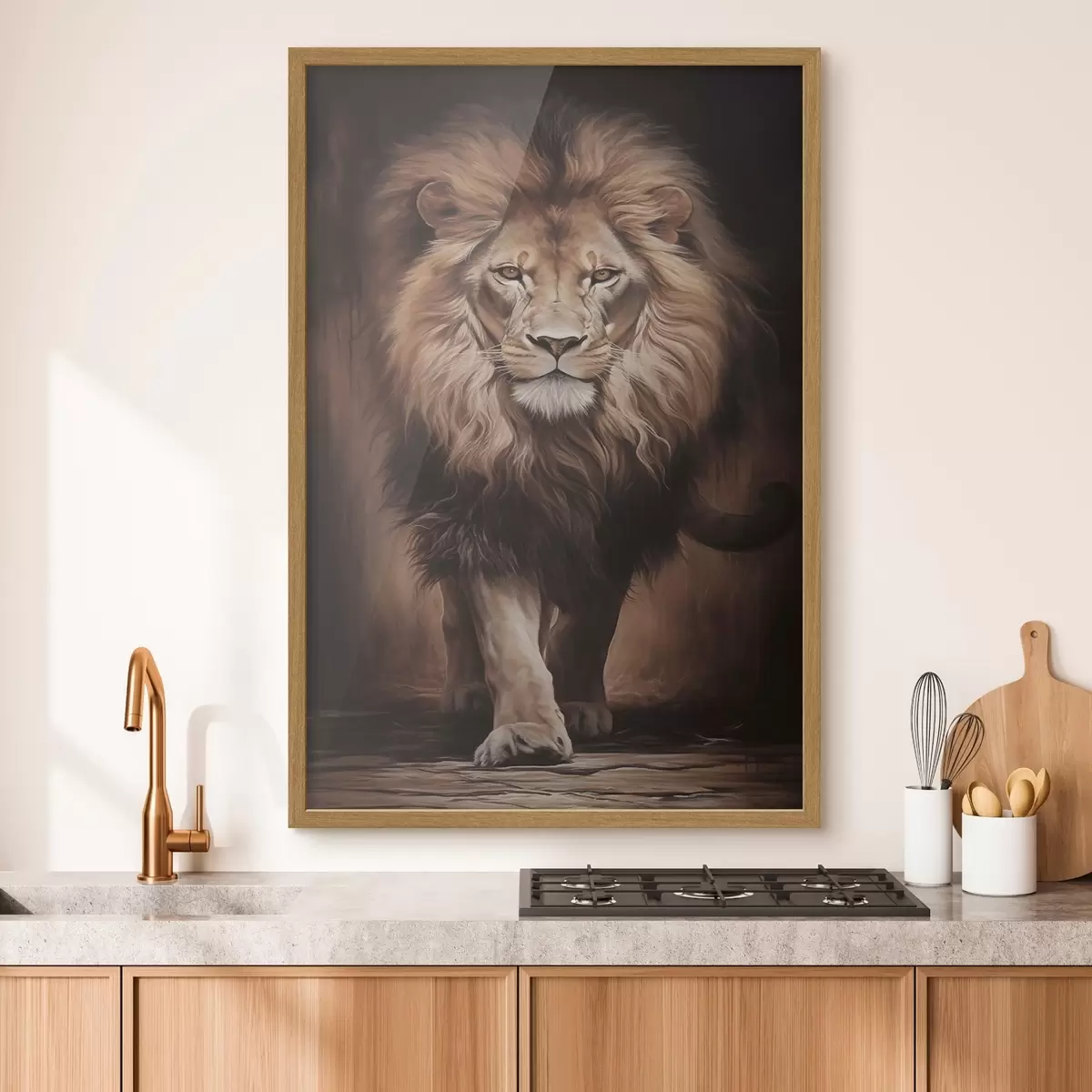 Poster Majestueuze leeuw in een donker interieur f51087