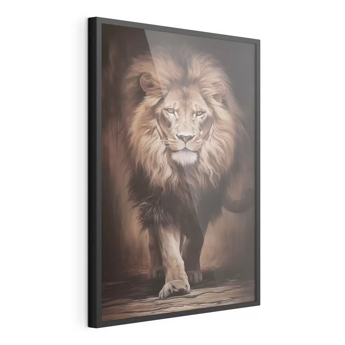Poster Majestueuze leeuw in een donker interieur f51087