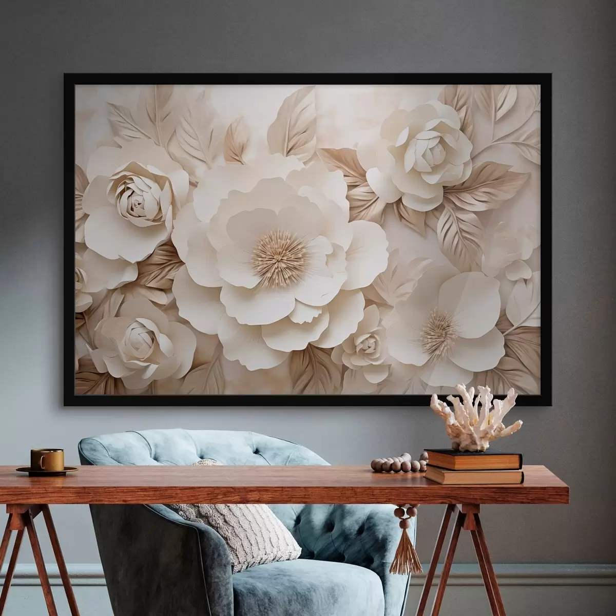 Poster 3D-gipsreliëf met witte bloemen f51096