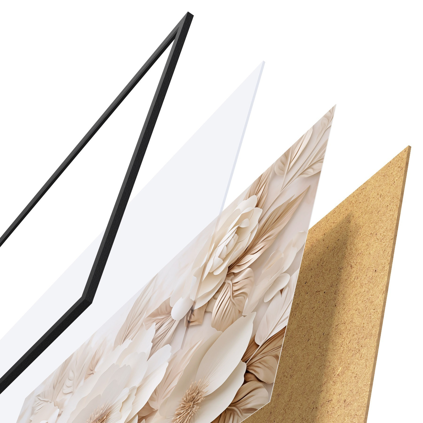 Poster 3D-gipsreliëf met witte bloemen f51096