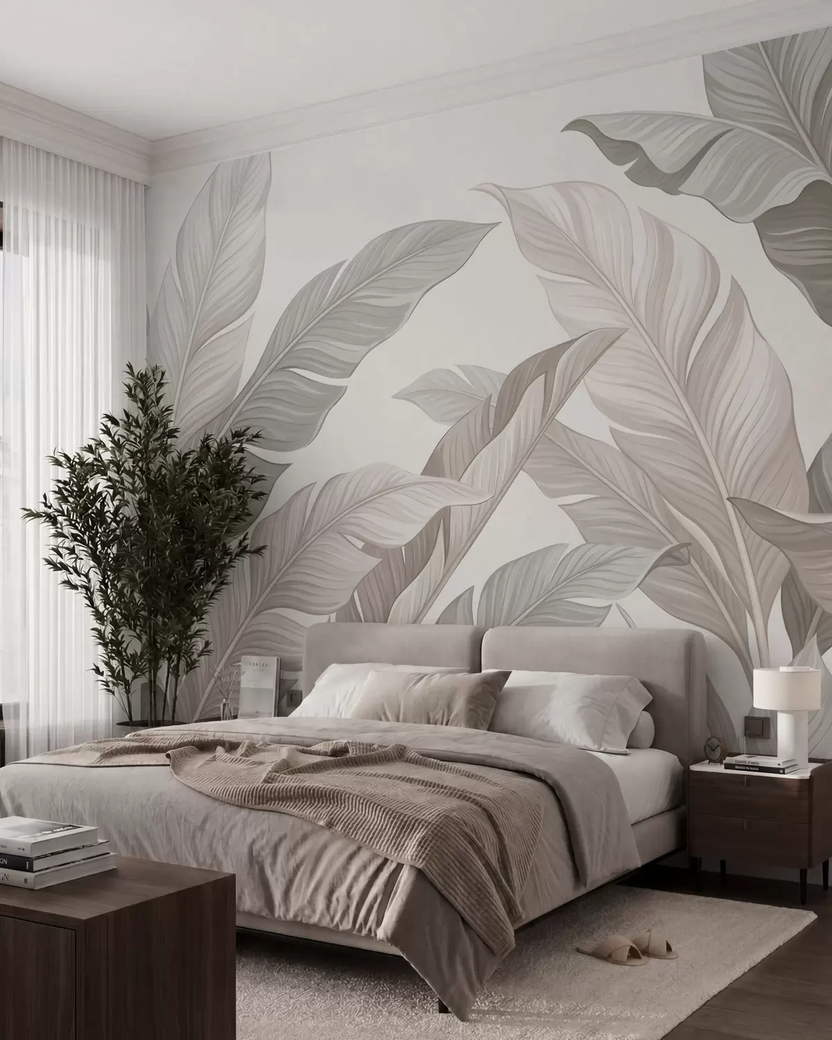 Fotobehang Verfijnde botanische bladeren in natuurlijke beige- en saliegroene tinten w10089